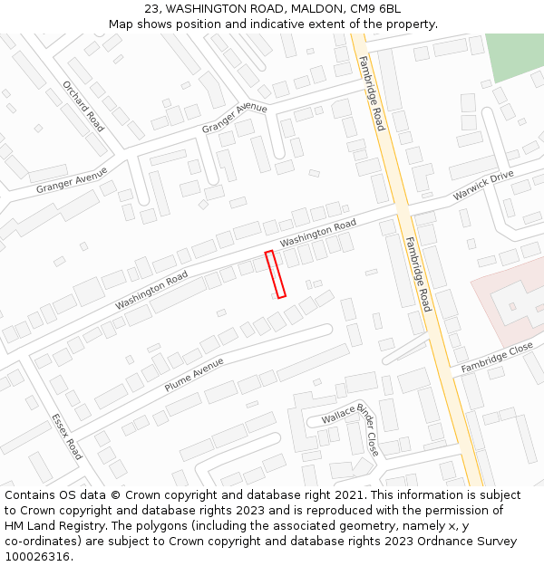 23, WASHINGTON ROAD, MALDON, CM9 6BL: Location map and indicative extent of plot