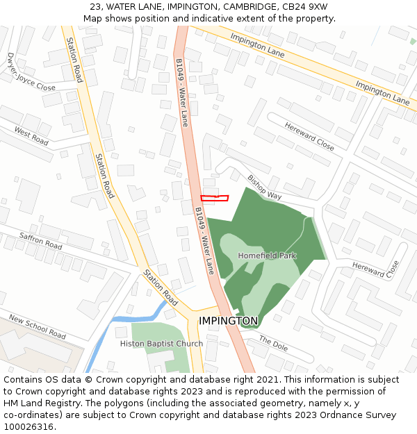 23, WATER LANE, IMPINGTON, CAMBRIDGE, CB24 9XW: Location map and indicative extent of plot
