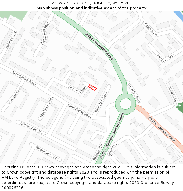 23, WATSON CLOSE, RUGELEY, WS15 2PE: Location map and indicative extent of plot
