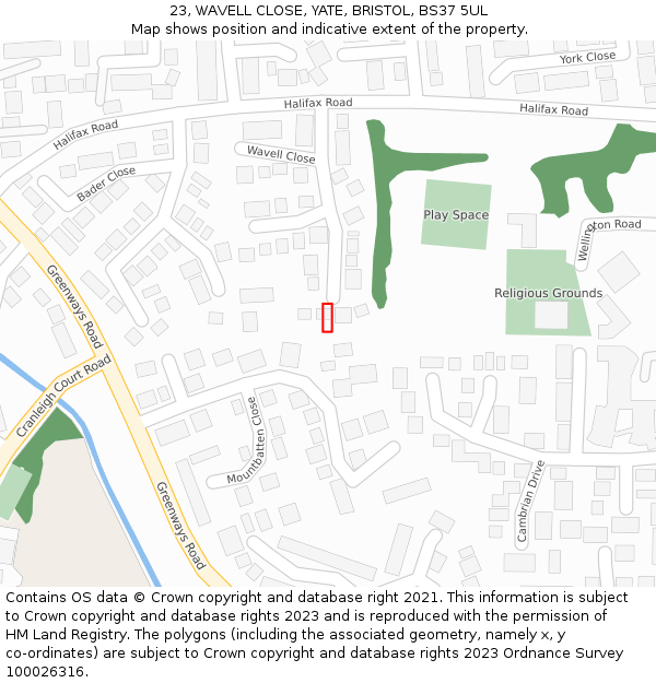 23, WAVELL CLOSE, YATE, BRISTOL, BS37 5UL: Location map and indicative extent of plot