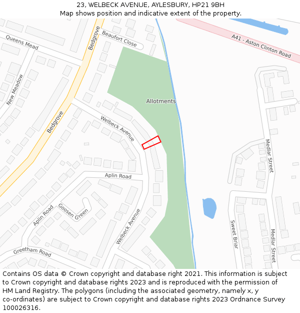 23, WELBECK AVENUE, AYLESBURY, HP21 9BH: Location map and indicative extent of plot