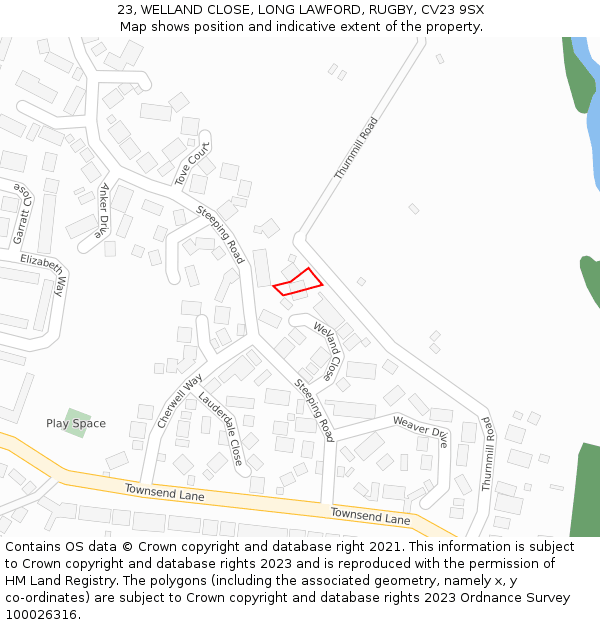 23, WELLAND CLOSE, LONG LAWFORD, RUGBY, CV23 9SX: Location map and indicative extent of plot