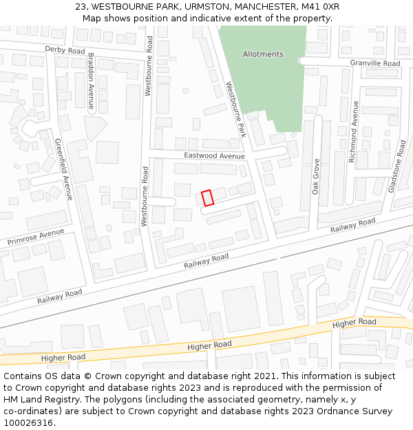 23, WESTBOURNE PARK, URMSTON, MANCHESTER, M41 0XR: Location map and indicative extent of plot