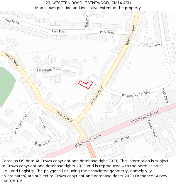 23, WESTERN ROAD, BRENTWOOD, CM14 4SU: Location map and indicative extent of plot