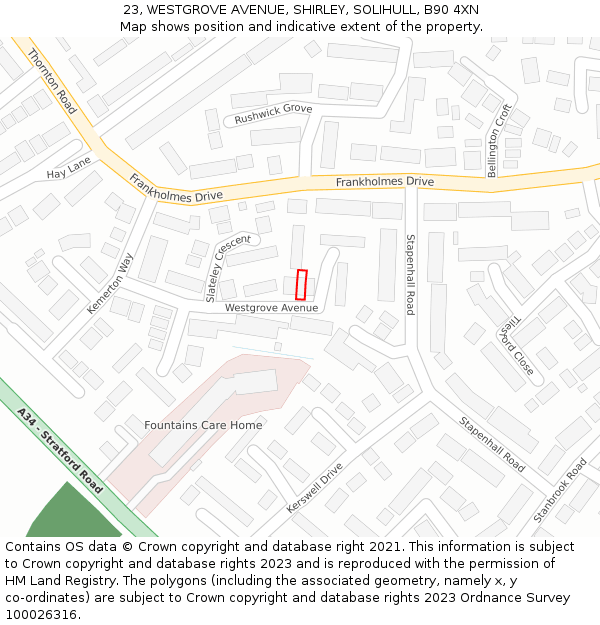 23, WESTGROVE AVENUE, SHIRLEY, SOLIHULL, B90 4XN: Location map and indicative extent of plot