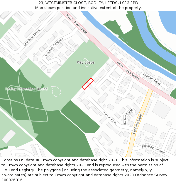 23, WESTMINSTER CLOSE, RODLEY, LEEDS, LS13 1PD: Location map and indicative extent of plot