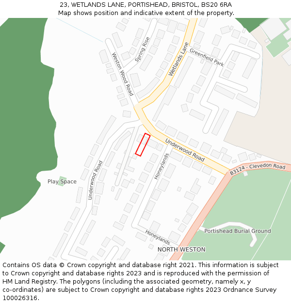 23, WETLANDS LANE, PORTISHEAD, BRISTOL, BS20 6RA: Location map and indicative extent of plot