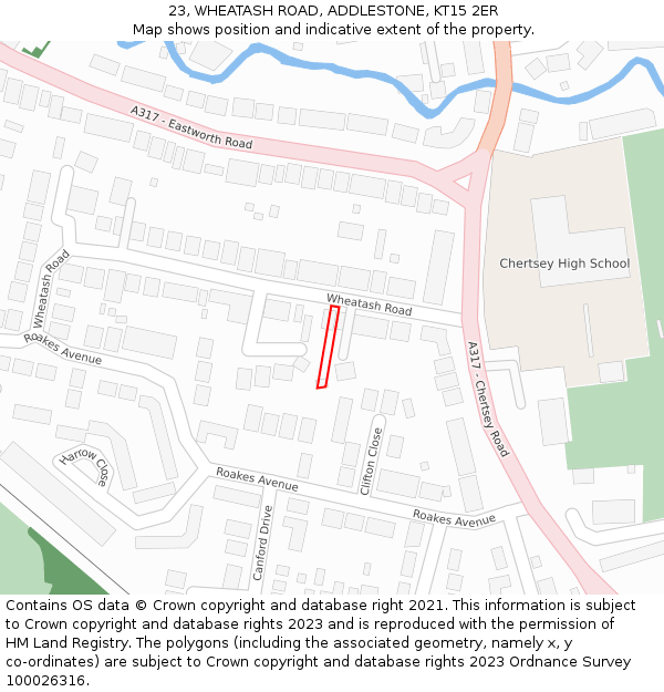 23, WHEATASH ROAD, ADDLESTONE, KT15 2ER: Location map and indicative extent of plot
