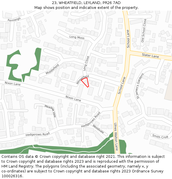 23, WHEATFIELD, LEYLAND, PR26 7AD: Location map and indicative extent of plot