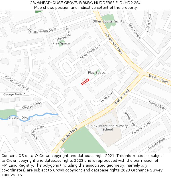 23, WHEATHOUSE GROVE, BIRKBY, HUDDERSFIELD, HD2 2SU: Location map and indicative extent of plot