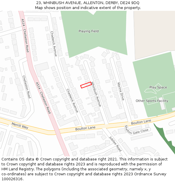 23, WHINBUSH AVENUE, ALLENTON, DERBY, DE24 9DQ: Location map and indicative extent of plot