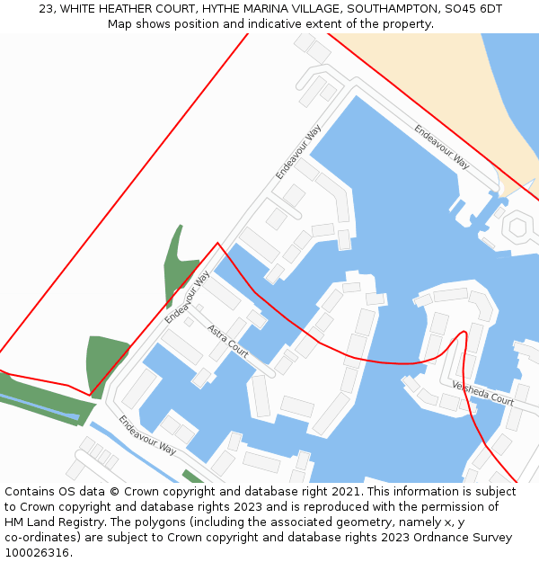 23, WHITE HEATHER COURT, HYTHE MARINA VILLAGE, SOUTHAMPTON, SO45 6DT: Location map and indicative extent of plot