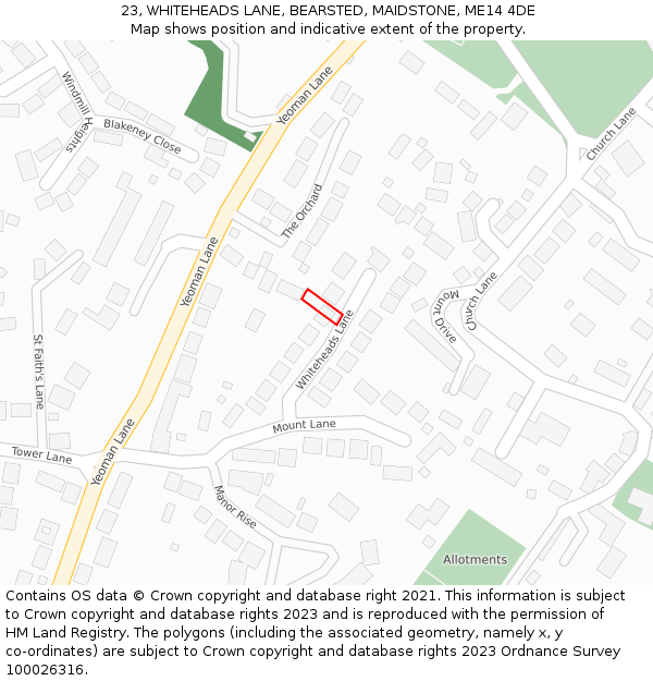 23, WHITEHEADS LANE, BEARSTED, MAIDSTONE, ME14 4DE: Location map and indicative extent of plot