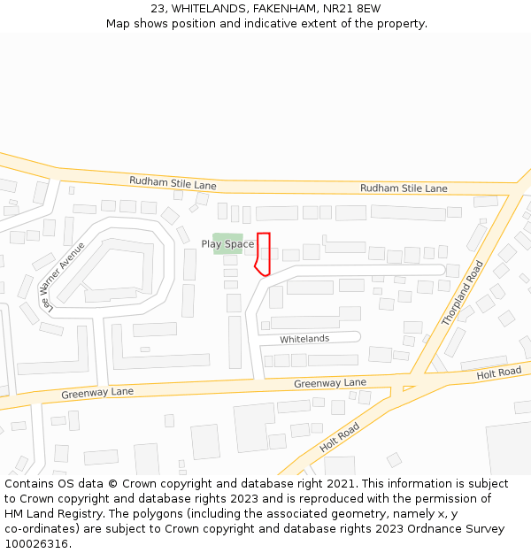 23, WHITELANDS, FAKENHAM, NR21 8EW: Location map and indicative extent of plot