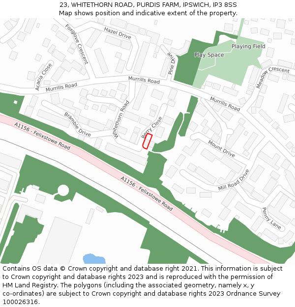 23, WHITETHORN ROAD, PURDIS FARM, IPSWICH, IP3 8SS: Location map and indicative extent of plot