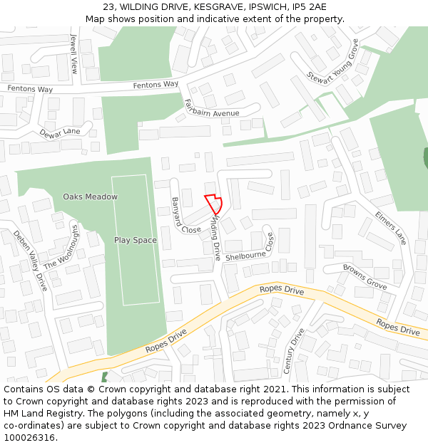 23, WILDING DRIVE, KESGRAVE, IPSWICH, IP5 2AE: Location map and indicative extent of plot