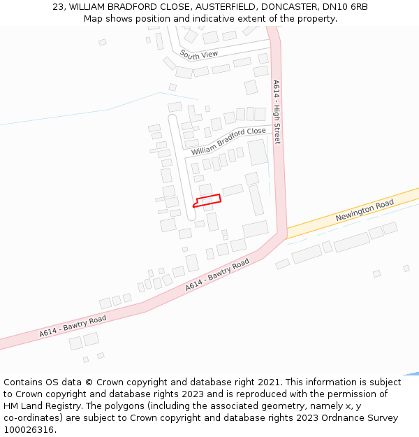 23, WILLIAM BRADFORD CLOSE, AUSTERFIELD, DONCASTER, DN10 6RB: Location map and indicative extent of plot
