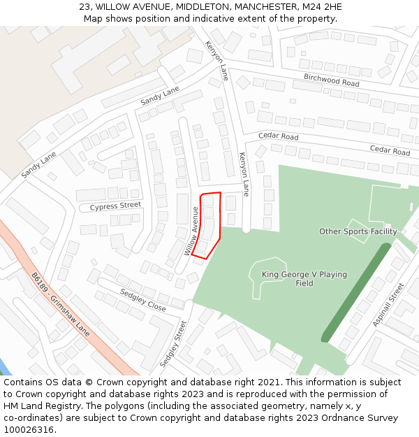 23, WILLOW AVENUE, MIDDLETON, MANCHESTER, M24 2HE: Location map and indicative extent of plot