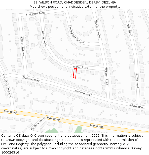 23, WILSON ROAD, CHADDESDEN, DERBY, DE21 4JA: Location map and indicative extent of plot