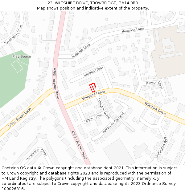 23, WILTSHIRE DRIVE, TROWBRIDGE, BA14 0RR: Location map and indicative extent of plot