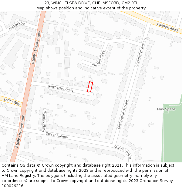 23, WINCHELSEA DRIVE, CHELMSFORD, CM2 9TL: Location map and indicative extent of plot