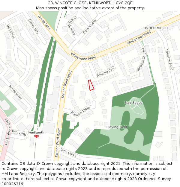 23, WINCOTE CLOSE, KENILWORTH, CV8 2QE: Location map and indicative extent of plot