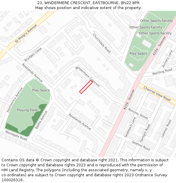 23, WINDERMERE CRESCENT, EASTBOURNE, BN22 8PR: Location map and indicative extent of plot