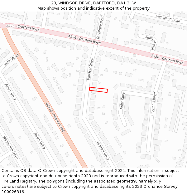 23, WINDSOR DRIVE, DARTFORD, DA1 3HW: Location map and indicative extent of plot