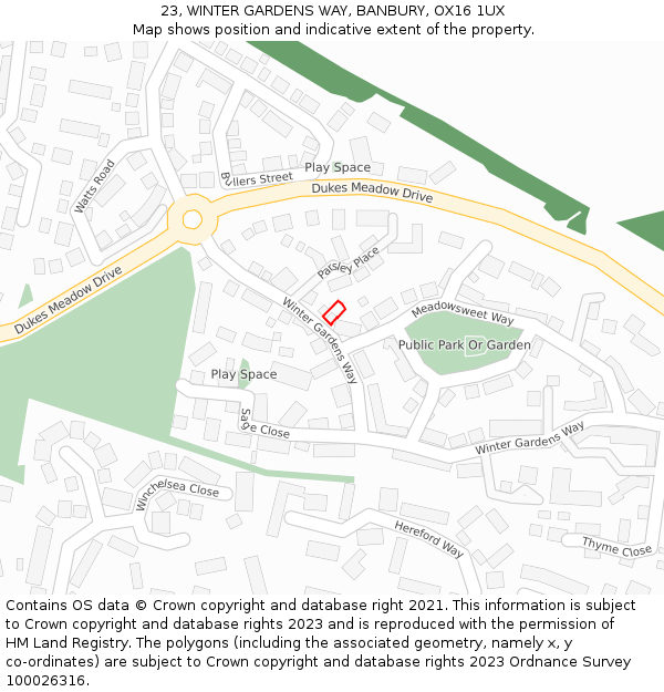 23, WINTER GARDENS WAY, BANBURY, OX16 1UX: Location map and indicative extent of plot