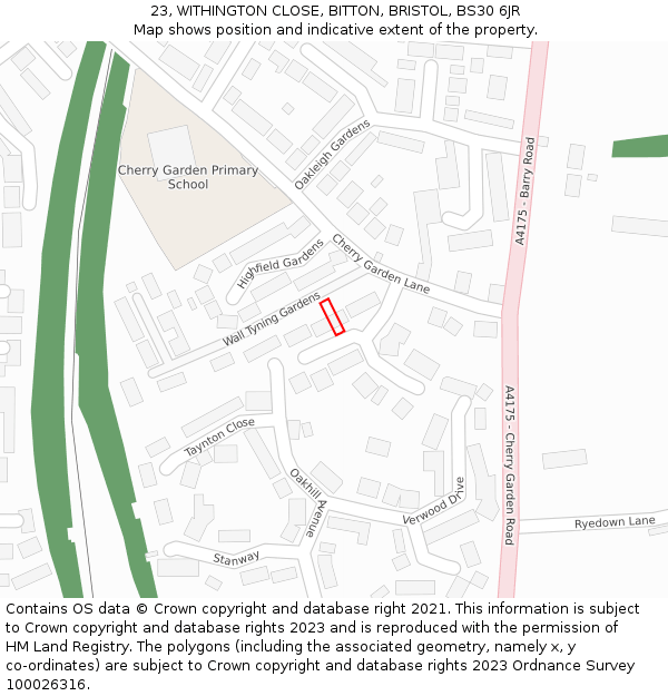 23, WITHINGTON CLOSE, BITTON, BRISTOL, BS30 6JR: Location map and indicative extent of plot