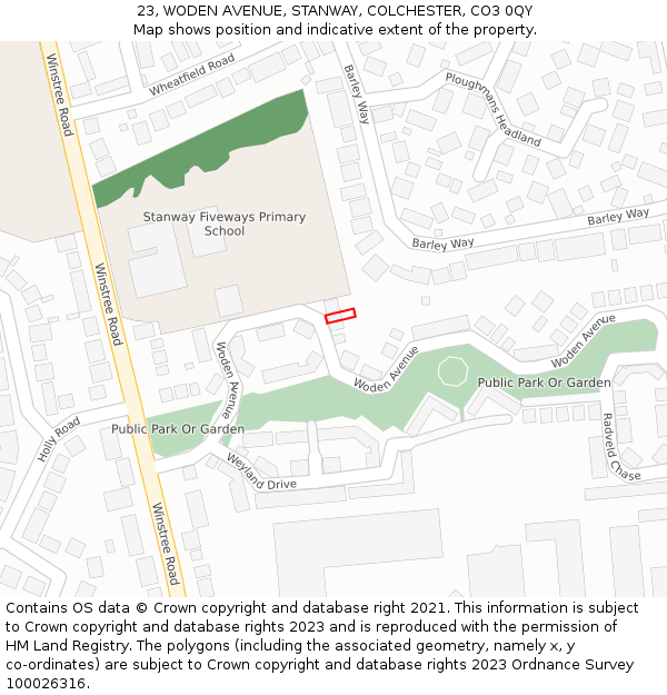 23, WODEN AVENUE, STANWAY, COLCHESTER, CO3 0QY: Location map and indicative extent of plot