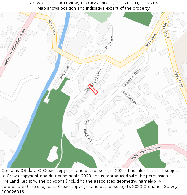 23, WOODCHURCH VIEW, THONGSBRIDGE, HOLMFIRTH, HD9 7RX: Location map and indicative extent of plot