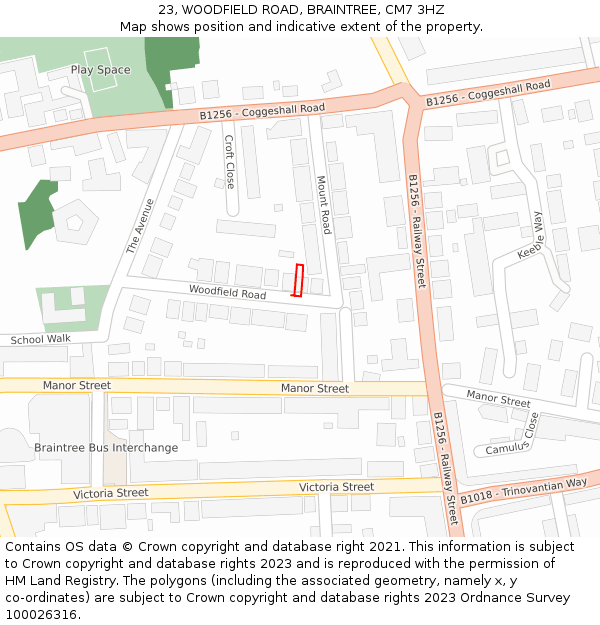 23, WOODFIELD ROAD, BRAINTREE, CM7 3HZ: Location map and indicative extent of plot