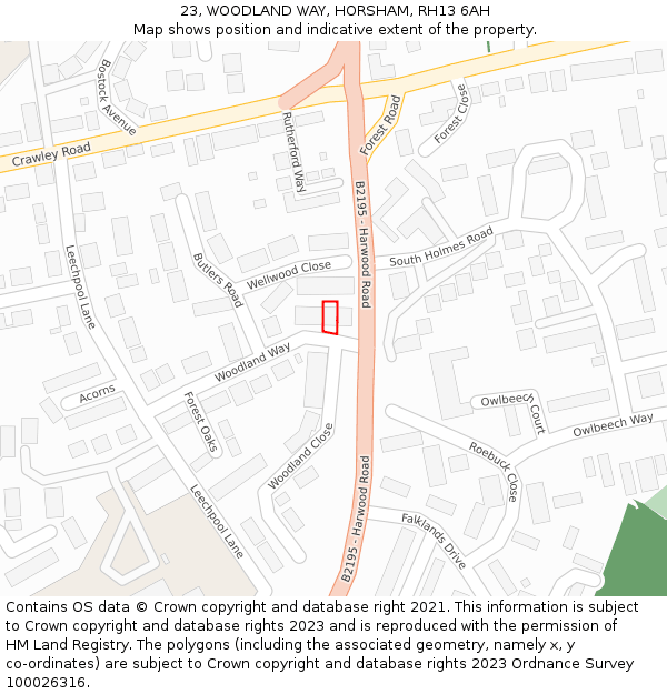 23, WOODLAND WAY, HORSHAM, RH13 6AH: Location map and indicative extent of plot