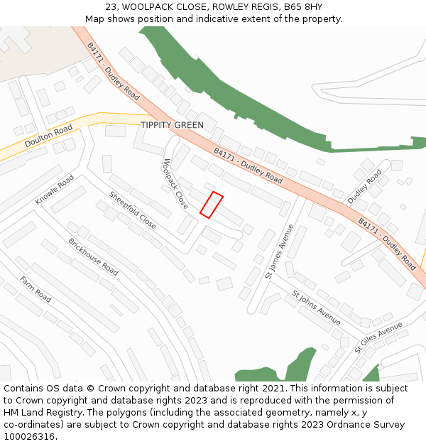 23, WOOLPACK CLOSE, ROWLEY REGIS, B65 8HY: Location map and indicative extent of plot