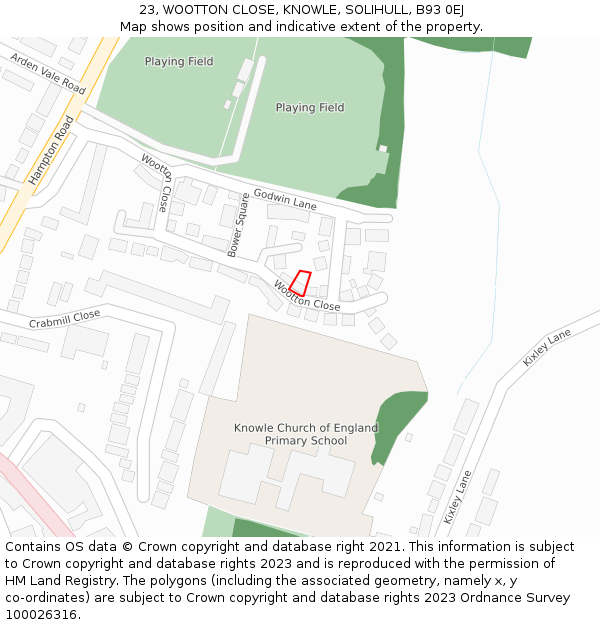 23, WOOTTON CLOSE, KNOWLE, SOLIHULL, B93 0EJ: Location map and indicative extent of plot