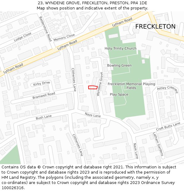 23, WYNDENE GROVE, FRECKLETON, PRESTON, PR4 1DE: Location map and indicative extent of plot