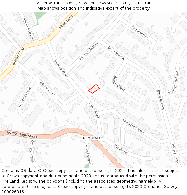 23, YEW TREE ROAD, NEWHALL, SWADLINCOTE, DE11 0NL: Location map and indicative extent of plot