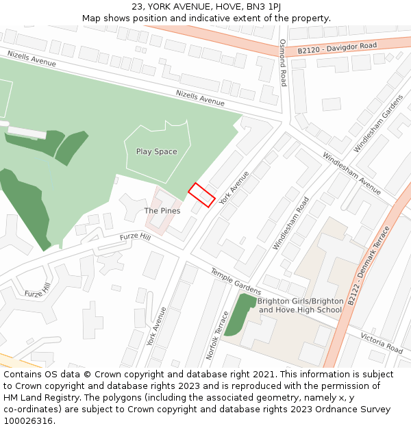 23, YORK AVENUE, HOVE, BN3 1PJ: Location map and indicative extent of plot