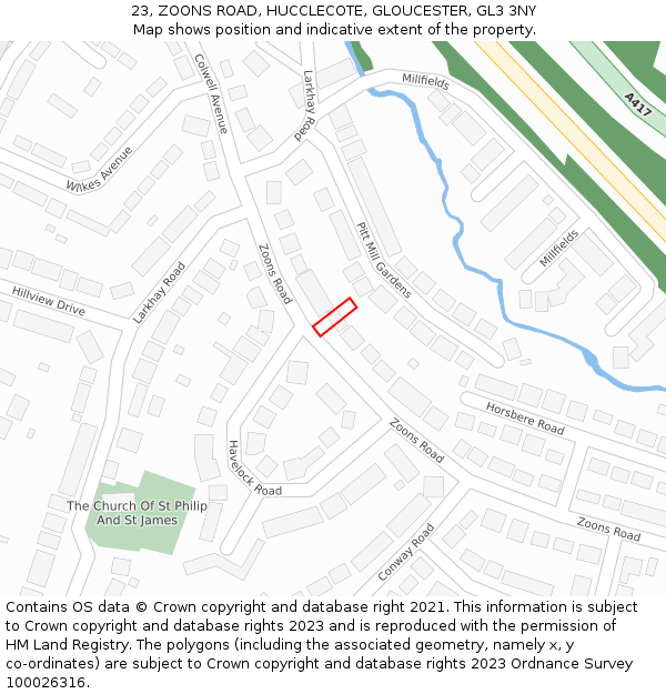 23, ZOONS ROAD, HUCCLECOTE, GLOUCESTER, GL3 3NY: Location map and indicative extent of plot