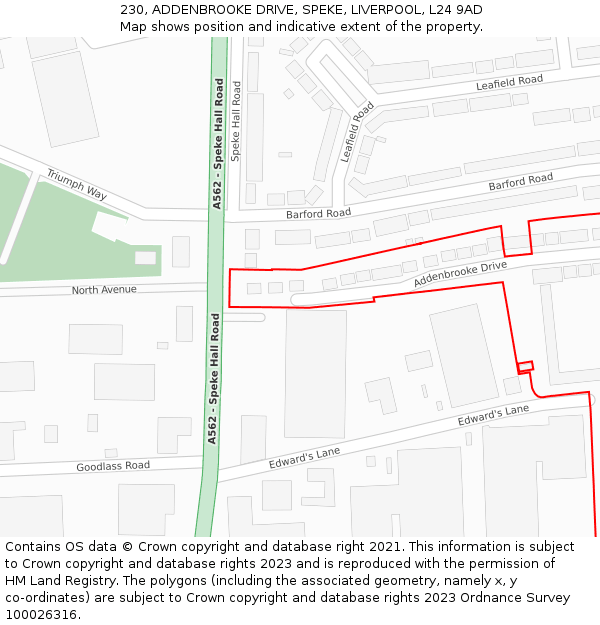 230, ADDENBROOKE DRIVE, SPEKE, LIVERPOOL, L24 9AD: Location map and indicative extent of plot