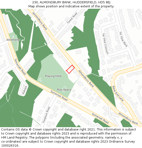 230, ALMONDBURY BANK, HUDDERSFIELD, HD5 8EJ: Location map and indicative extent of plot