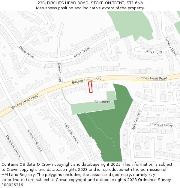 230, BIRCHES HEAD ROAD, STOKE-ON-TRENT, ST1 6NA: Location map and indicative extent of plot