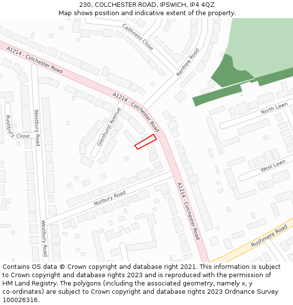230, COLCHESTER ROAD, IPSWICH, IP4 4QZ: Location map and indicative extent of plot