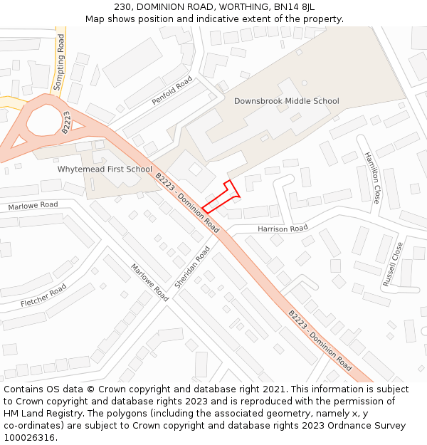 230, DOMINION ROAD, WORTHING, BN14 8JL: Location map and indicative extent of plot