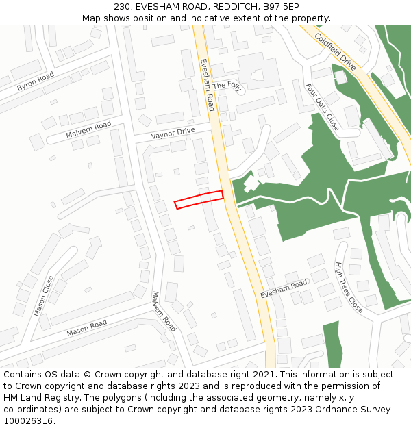 230, EVESHAM ROAD, REDDITCH, B97 5EP: Location map and indicative extent of plot