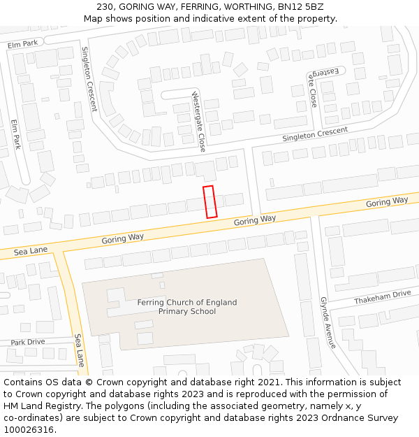 230, GORING WAY, FERRING, WORTHING, BN12 5BZ: Location map and indicative extent of plot