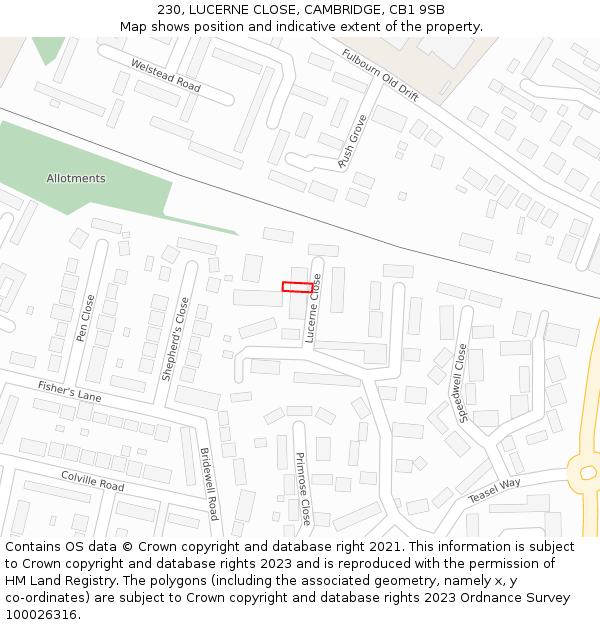 230, LUCERNE CLOSE, CAMBRIDGE, CB1 9SB: Location map and indicative extent of plot