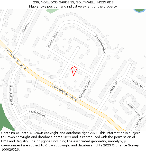 230, NORWOOD GARDENS, SOUTHWELL, NG25 0DS: Location map and indicative extent of plot