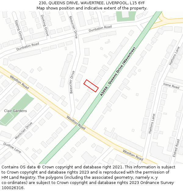 230, QUEENS DRIVE, WAVERTREE, LIVERPOOL, L15 6YF: Location map and indicative extent of plot